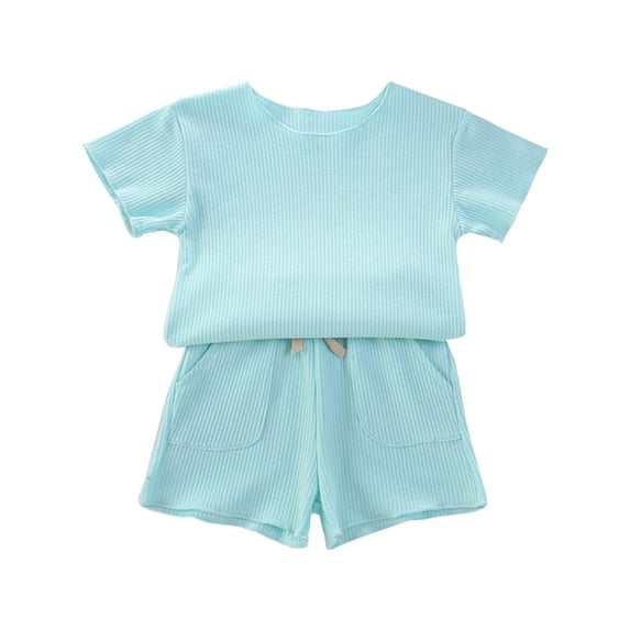 Siilsaa Girls Spring Outfits Girl Clothes Summer Solid Ruffle Short Sleeve T-Shirt Tee & Pants Set Outfit Blue,120