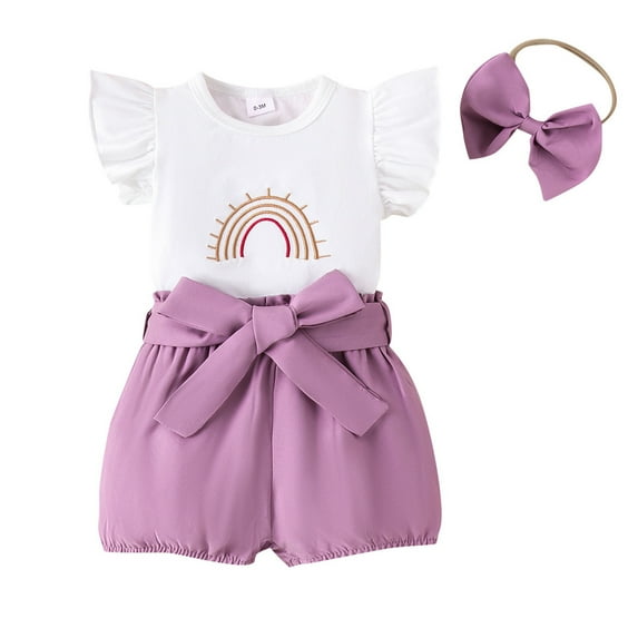 Siilsaa Girls Two Piece Outfits Toddler Baby Girl Clothes Solid Color Short Sleeve Ruffle Tops Pants Outfits Set Purple,18M