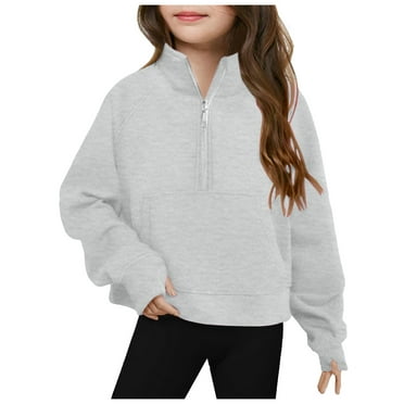 Siilsaa Girls Zip Up Fleece Jacket Fall Winter Sherpa Sweatshirts Warm Outwear Crop Coat with Pockets Grey,150/11-12years