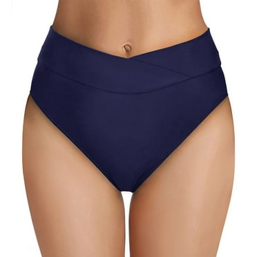 Siilsaa High Waisted Bikini Bottoms for Women V Cut Crossover Bathing Suit Bottoms High Leg Swimsuit Bottom Dark Blue,L