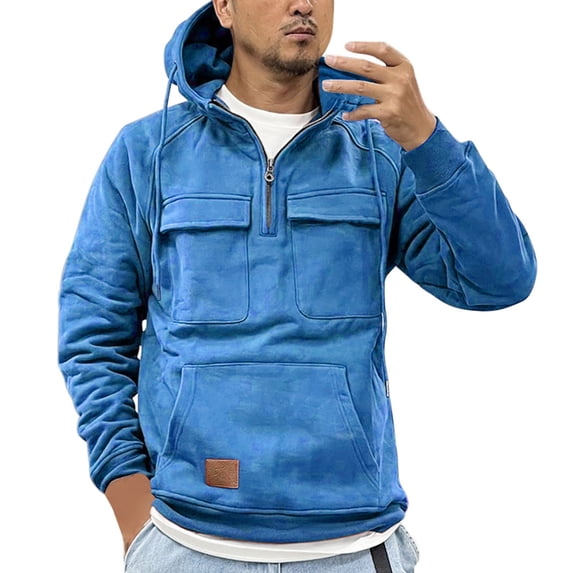 Siilsaa Hoodies for Men Quarter Zip Pullover Vintage Sweatshirt Tactical Hoodies Big and Tall Sweatshirt Cargo Sweatshirts Blue,2XL