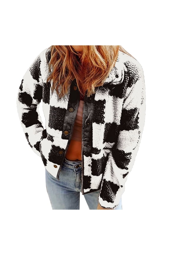 Jackets For Women Causal Sherpa Fall Jacket Loose Button Down Plaid Winter Coats Black,M