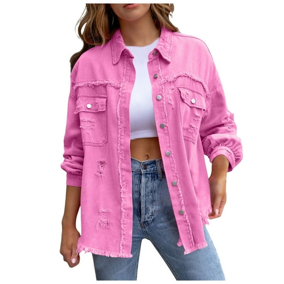 Siilsaa Jackets for Women Women's Fashion Long-Sleeved Denim Jacket With Burrs And Holes Gifts for Women Red,2XL