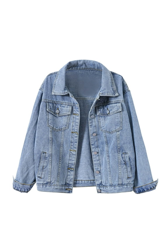 Jean Jacket for Women Trendy Women's Relaxed Fit Button Front Ponte with Adjustable Sleeves Blue,2XL