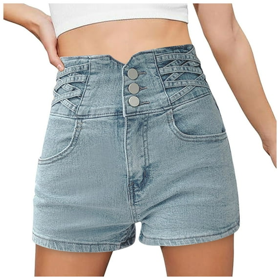 Siilsaa Jean Shorts Women's Shorts Trendy Summer Dressy Elastic High Waisted Pleated Business Casual Work Shorts with Pockets Blue,M