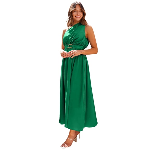 Siilsaa Long Dresses for Women Women Formal Satin Spaghetti Strap Cowl Neck Bodycon Slit Prom Maxi Dress Evening Party Green,S