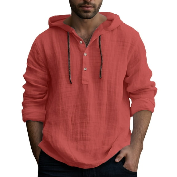 Siilsaa Long Sleeve Hoodie Shirts for Men Big and Tall Tee Tops Lightweight Work Tshirt Hoodies Casual Buttons Shirts Red,L