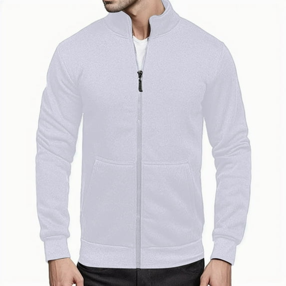 Siilsaa Men Hoodless Sweatshirts Solid Color Long Sleeve Clothes Cardigan Zip Up Jacket High Neck Lightweight Tops Office Workout Sweatshirt For Man White,L