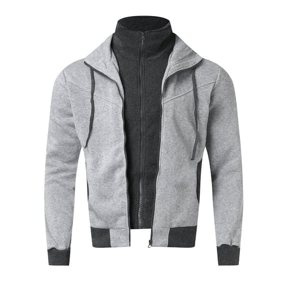 Siilsaa Men's Full Zip Fleece Hoodie zippered Color Block hooded slim Fit Long Sleeve Lightweight Sweatshirt Grey,2XL