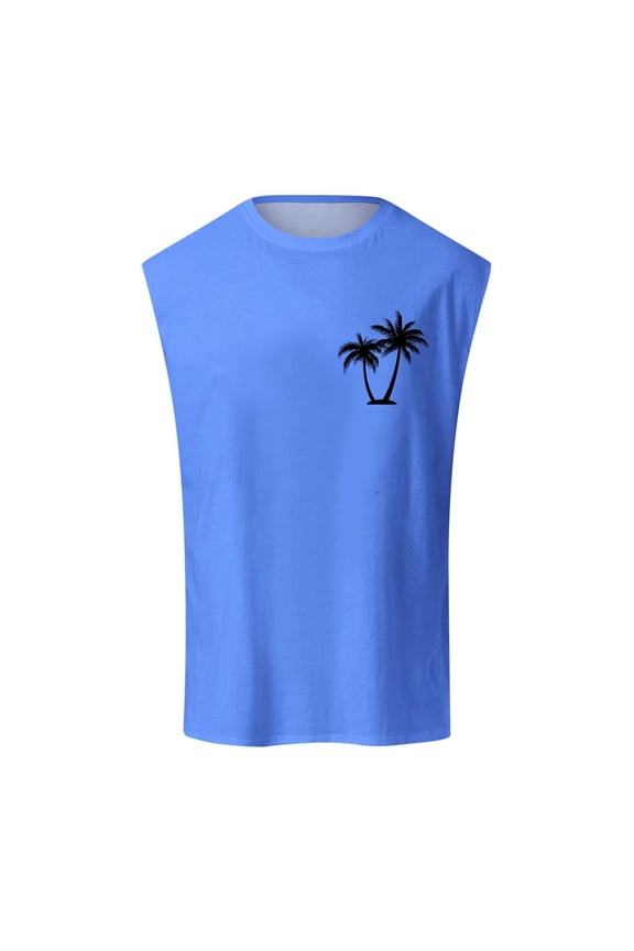Men's Summer Tank Top Shirt Tropical Printed Sleeveless Shirts Fitted Muscle Tank Tops Sport Round Neck T-Shirt Blue,M