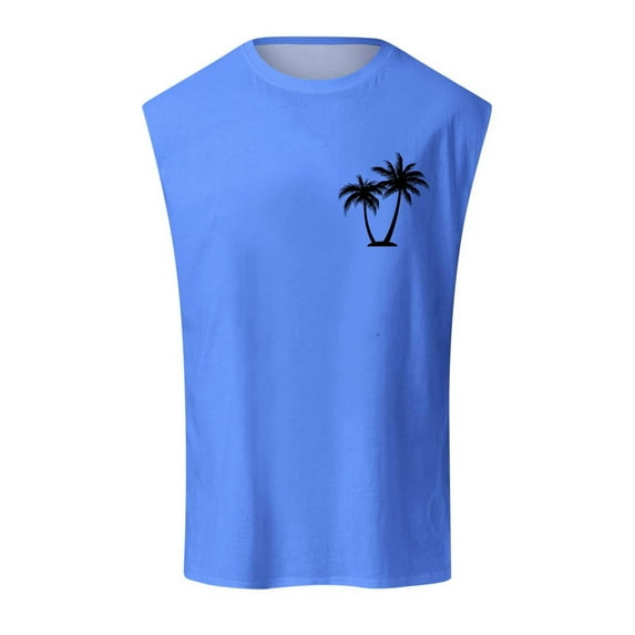 Siilsaa Men's Summer Tank Top Shirt Tropical Printed Sleeveless Shirts Fitted Muscle Tank Tops Sport Round Neck T-Shirt Blue,S