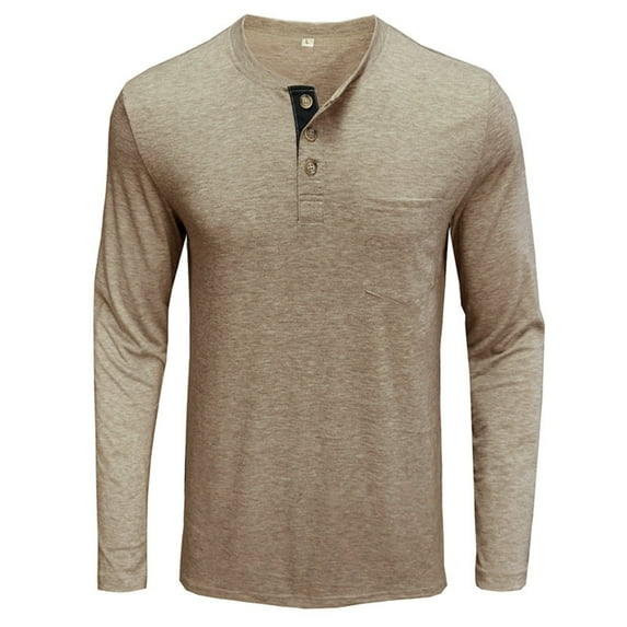 Siilsaa Mens Shirts Mens Fashion Casual Sports Fitness Outdoor Curved Hem Solid Color Round Neck T Shirt Long Sleeve Top Khaki,XL
