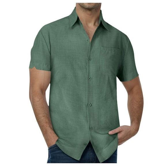 Siilsaa Mens Shirts Mens Short Sleeve Button Up Cotton Linen Shirts(AG,M)