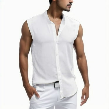 Siilsaa Mens Sleeveless Button Down Shirts Linen Cotton Summer Beach Basic Tank T-Shirt Tops White,XL