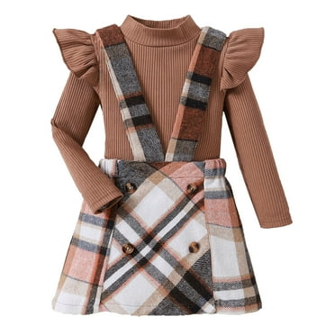 Siilsaa Outfits for Kids Toddler Girls Long Sleeve Solid Colour Ribbed Tops Skirt 2 Piece Outfits Set for Kids Clothes Teen Wear Brown,3-4 Years