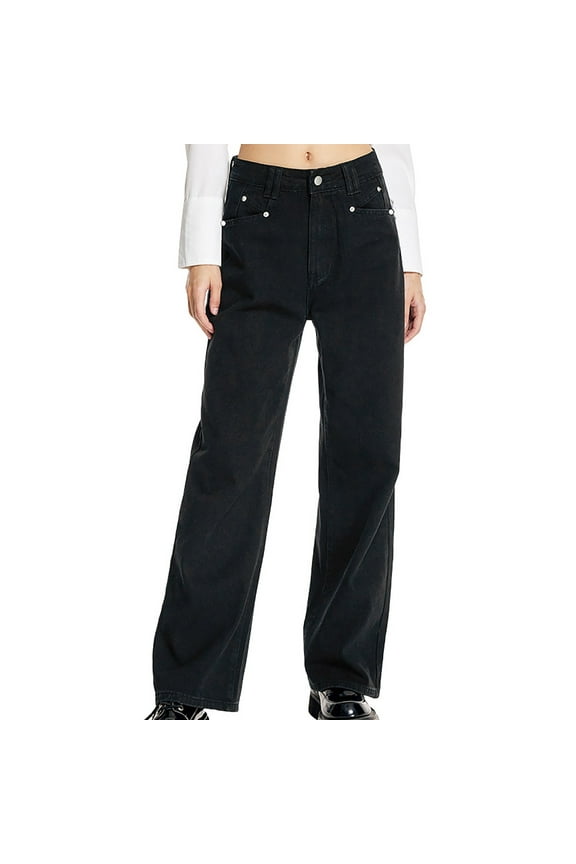 Pants for Woman Baggy Jeans for Women High Waist Jeans Vintage Wide Leg Denim Pants Womens Casual Trousers Black,M