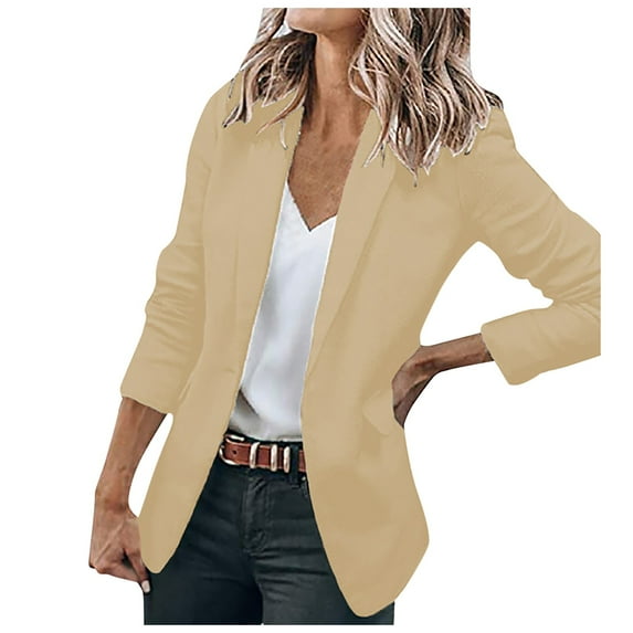 Siilsaa Professional Clothes for Women Women's Open Front Office Work Business Casual Lightweight Summer Crop Suit Blazer Beige,XL