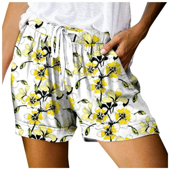 Siilsaa Pull On Shorts Women Casual Shorts Elastic Waist Shorts with Pockets Summer Wide Leg Loose Solid Color Shorts Yellow,L