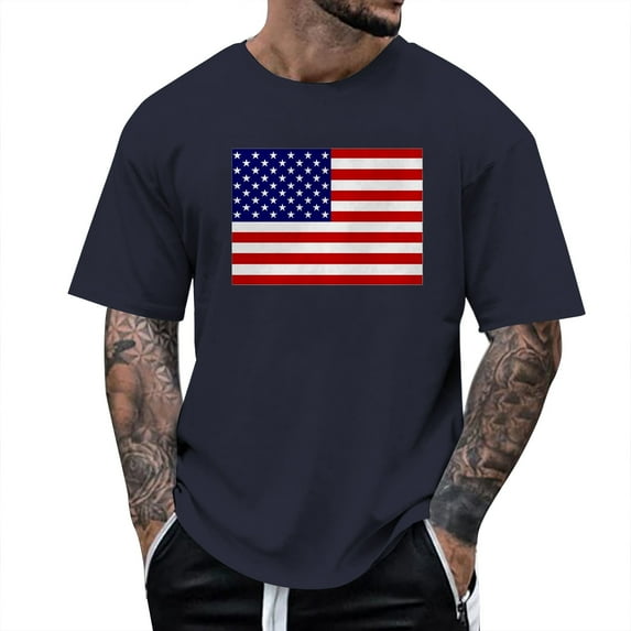 Siilsaa Red White And Blue Shirts for Men Men's American Flag Short Long Sleeve T-Shirt Navy,M