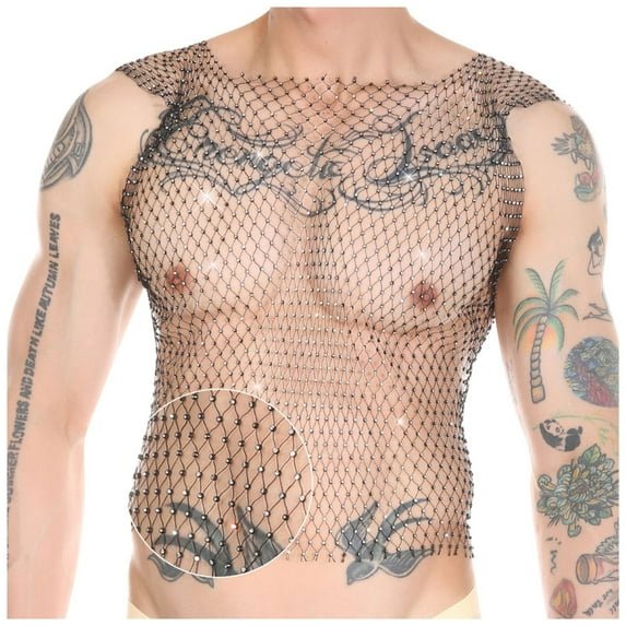 Siilsaa Rhinestone Mens Tank Tops Sheer Mesh See Through Fishnet Sparkly Rave Outfit Festival Crop Men Shirt Sexy Club Party Black,S