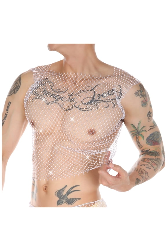 Rhinestone Mens Tank Tops Sheer Mesh See Through Fishnet Sparkly Rave Outfit Festival Crop Men Shirt Sexy Club Party White,S