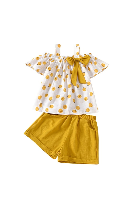 School Girl Outfit Girl Clothes Short Sleeve Ribbed Romper Flared Pants Set 2pcs Summer Outfit Yellow,130