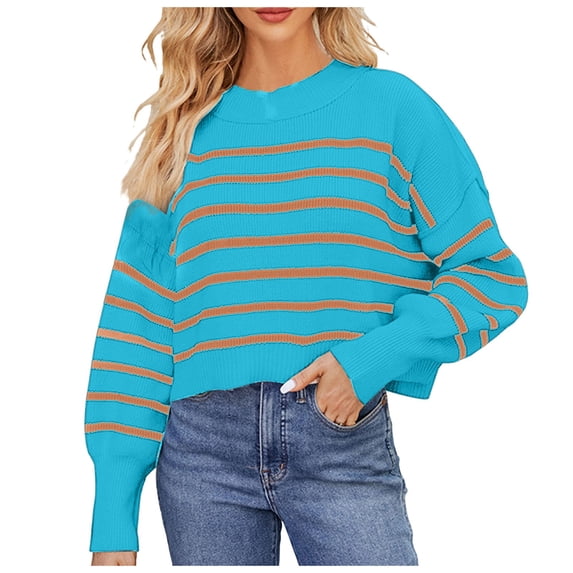 Siilsaa Sweatshirts for Women Crewneck Long Sleeve Striped Tops Lightweight Fashion 2024 Blue,XS