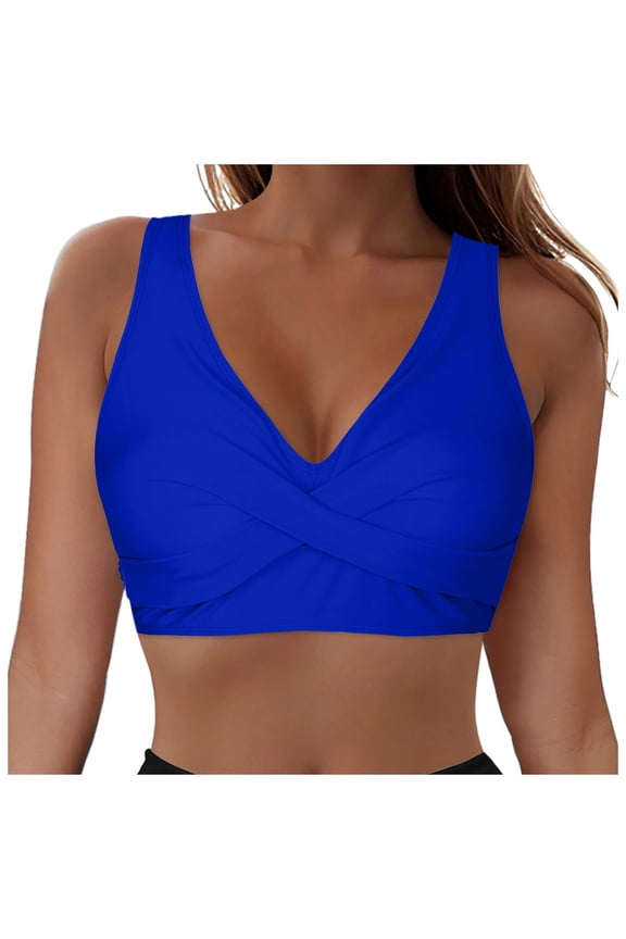 Swim Bras for Under Swimsuits Bikini Tops for Women Large Bust Push Up 2024 Full Coverage Bras V Neck Swim Top Tie Knot Backless Bathing Suit Tops Blue,XL