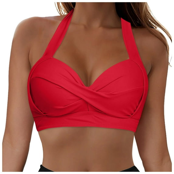 Siilsaa Swim Tops Bikini Tops for Women Ruched Cropped Tankini Tops Beach Adjustable Straps Bathing Suit Padded Swimwear Top Only Red,L
