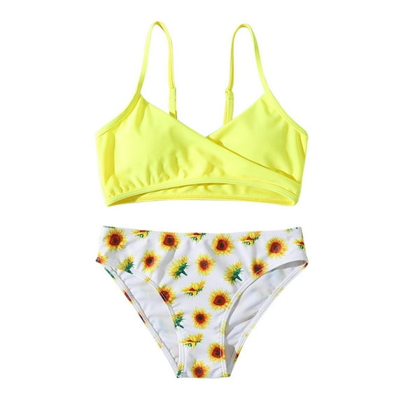 Siilsaa Teen One Piece Swimsuit Girls Tankini Swimsuit Two Piece Bathing Suit with Adjustable Strap Yellow,130