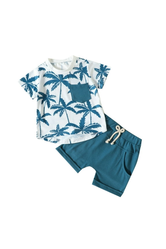 Toddler Boy Summer Clothes 3 Year Old Boy Clothes Toddler Baby Boy Clothes Shorts Set Dinosaur Print Shirt Short Sleeve Top Solid Shorts Summer Outfit Blue,70