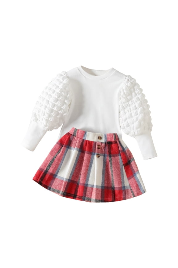 Toddler Girl Skirt Set 11Pcs Outfits Puff Sleeve Knit Tops and Flared Mini Skirts with Bowknot Kids Cute Clothes Red,1-2 Years