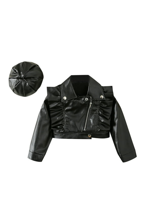 Toddler Girls Leather Motorcycle Jacket Cute Ruffle Spring Fall PU Coat and Hat Black,5-6 Years