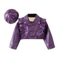 thumbnail image 1 of Siilsaa Toddler Girls Leather Motorcycle Jacket Cute Ruffle Spring Fall PU Coat and Hat Purple,5-6 Years, 1 of 4
