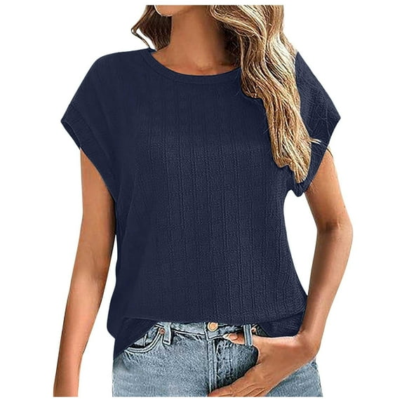 Siilsaa Tops for Women Trendy Summer Casual Cap Short Sleeve Basic Textured Solid Color Round Neck T Shirts Blouse Navy,M