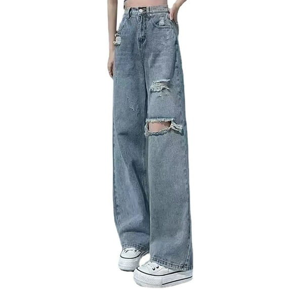 Siilsaa Woman Wide Leg Pants Cargo Jeans for Women Trendy High Waistd Wide Leg Denim Pants Casual Baggy Cargo Pants Blue,XL