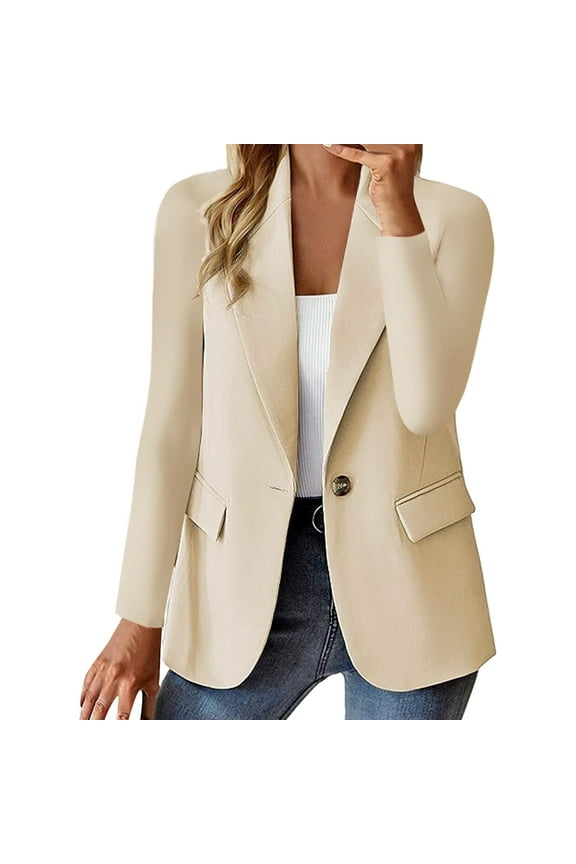 Women Blazers & Jackets Casual Work Office Dressy Double Notch Lapel Sharp Shoulder Pad Single Button Comfy Blazer Beige,2XL