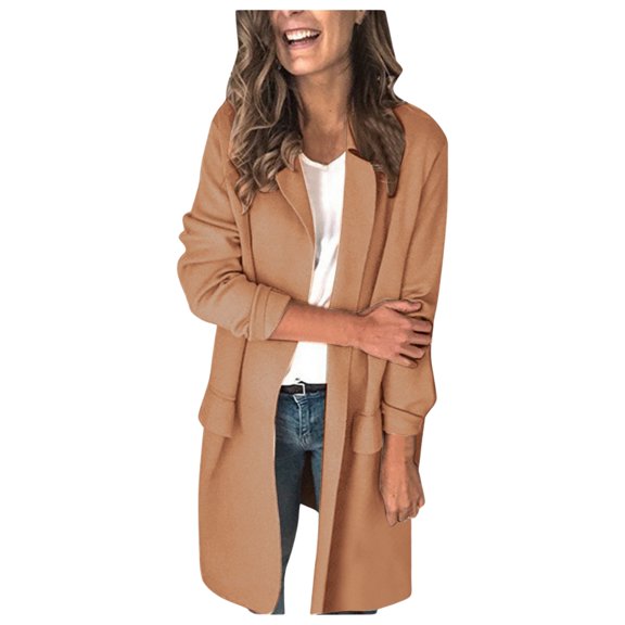 Siilsaa Women Blazers & Jackets Lightweight Open Front Cardigan Classic Ruched Sleeve Work Office Blazer Suit Jackets Khaki,XL