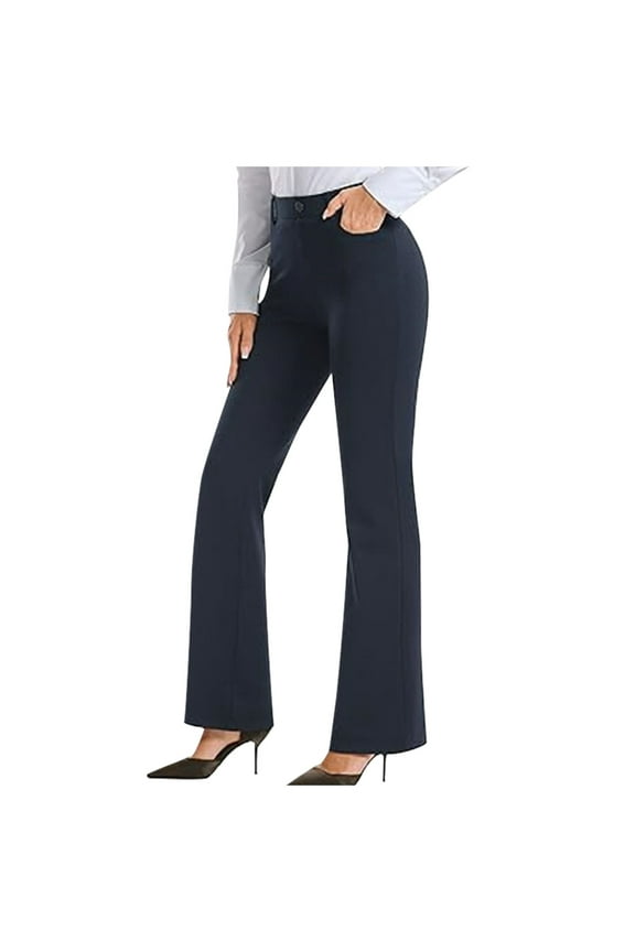 Women Bootcut Dress Pants Business Casual Work Pants with Pockets Pull On Regular Slacks for Office Navy,L
