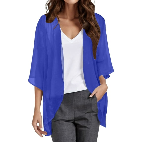 Siilsaa Women Cardigan 3/4 Sleeves Open Front Lightweight Cardigan Draped Ruffles Knit Cardigan Dark Blue,M