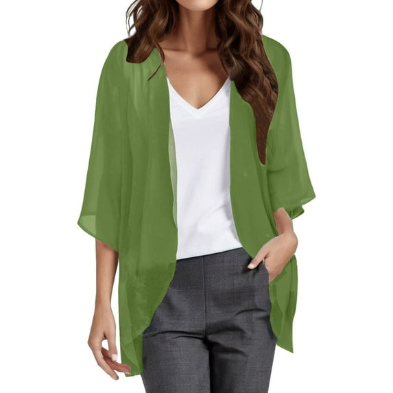 Siilsaa Women Cardigan 3/4 Sleeves Open Front Lightweight Cardigan Draped Ruffles Knit Cardigan Green,4XL