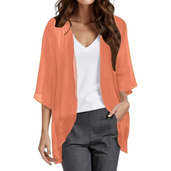 Siilsaa Women Cardigan 3/4 Sleeves Open Front Lightweight Cardigan Draped Ruffles Knit Cardigan Orange,5XL