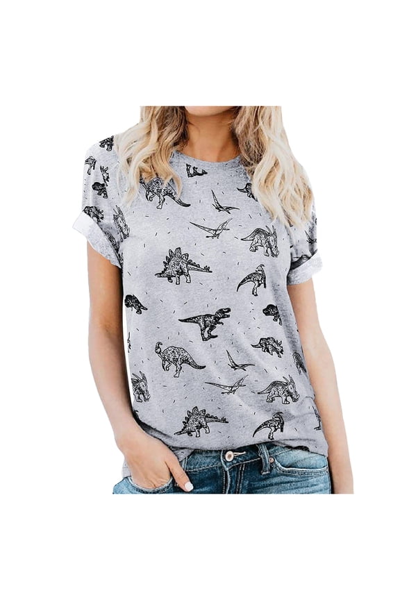 Women Cute Dinosaur Graphic Prime Tees Ladies Bestie Fun Shirt Blouse Tops Grey,S