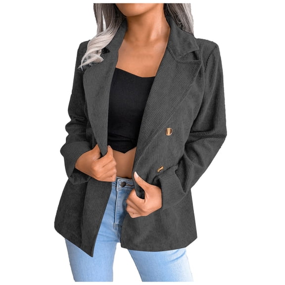 Siilsaa Women Double Corduroy Jacket Long Sleeve Work Office Casual Boyfriend Blazer Women Insulated Winter Jacket Grey,M