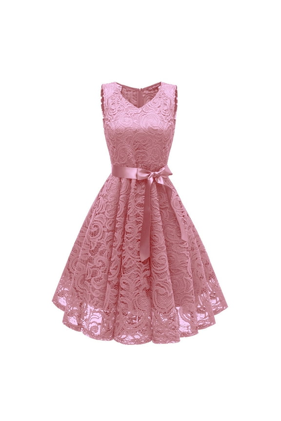 Women Floral Lace Bridesmaid Party Dress Short Prom Dress V Neck Pink,S