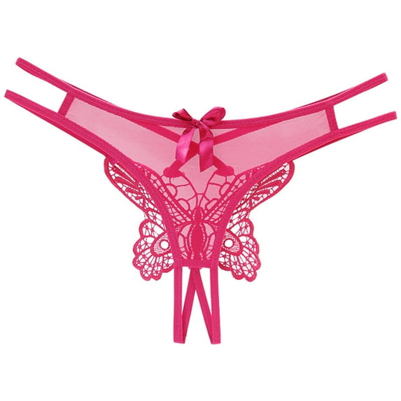 Siilsaa Women Low Waist Traceless Mesh Embroidered Big Butterfly Open End Thong Boy Short Panties Women Hot Pink,One Size