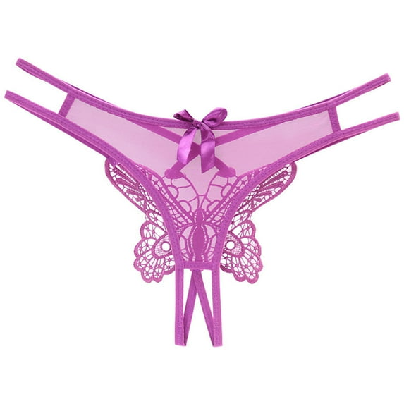Siilsaa Women Low Waist Traceless Mesh Embroidered Big Butterfly Open End Thong Boy Short Panties Women Purple,One Size