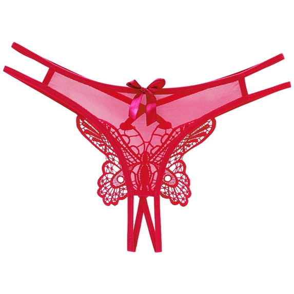 Siilsaa Women Low Waist Traceless Mesh Embroidered Big Butterfly Open End Thong Boy Short Panties Women Red,One Size