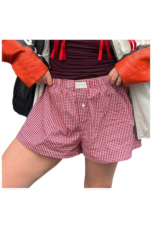 Women Pajamas Shorts Low Rise Pj Sleep Shorts Plaid Boxer Sleeping Shorts Sleepwear Micro Bottoms Lounge Shorts Red,M