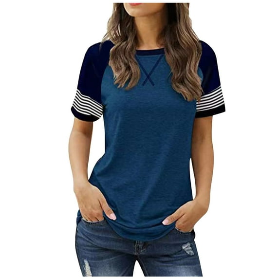Siilsaa Women Summer Casual Shirts: Short Sleeve Striped Tunic Tops - Womens Crew Neck Tee Tshirt Blouses Blue,2XL
